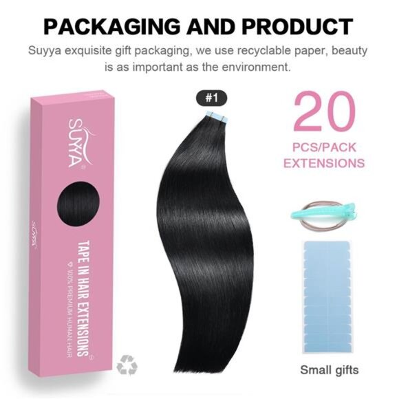 Tape in Hair Extensions Jet Black 100% Remy Human 20 inches 20pcs - Picture 2 of 7